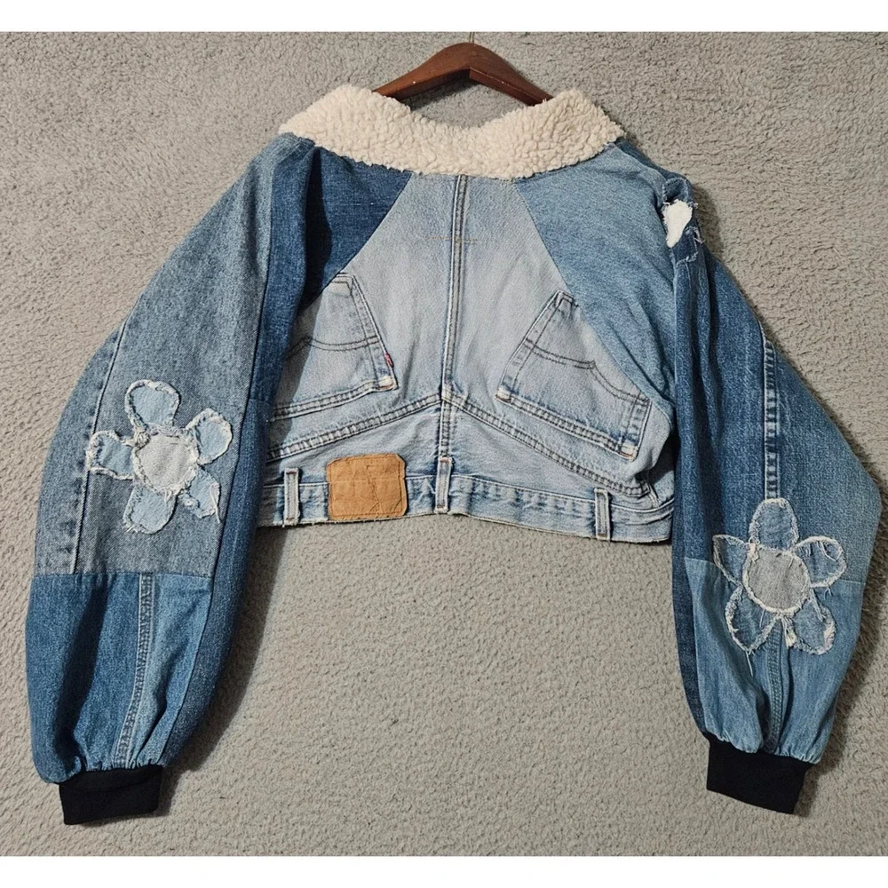 Vintage Spike & Elvis Womens Upcycled Reworked Jeans Jacket Denim Blue Shearling